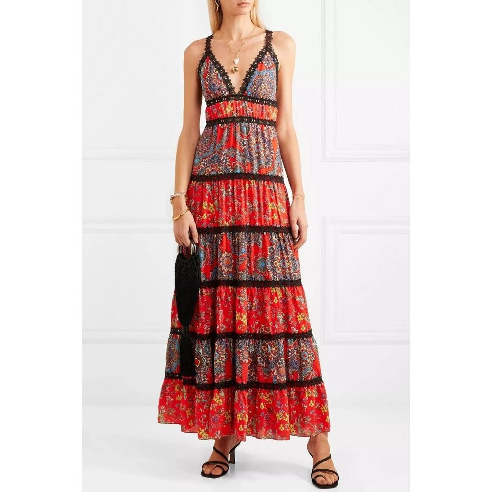 Alice + Olivia Karolina Red Tiered Halter Maxi Dress 6 - Picture 2 of 11